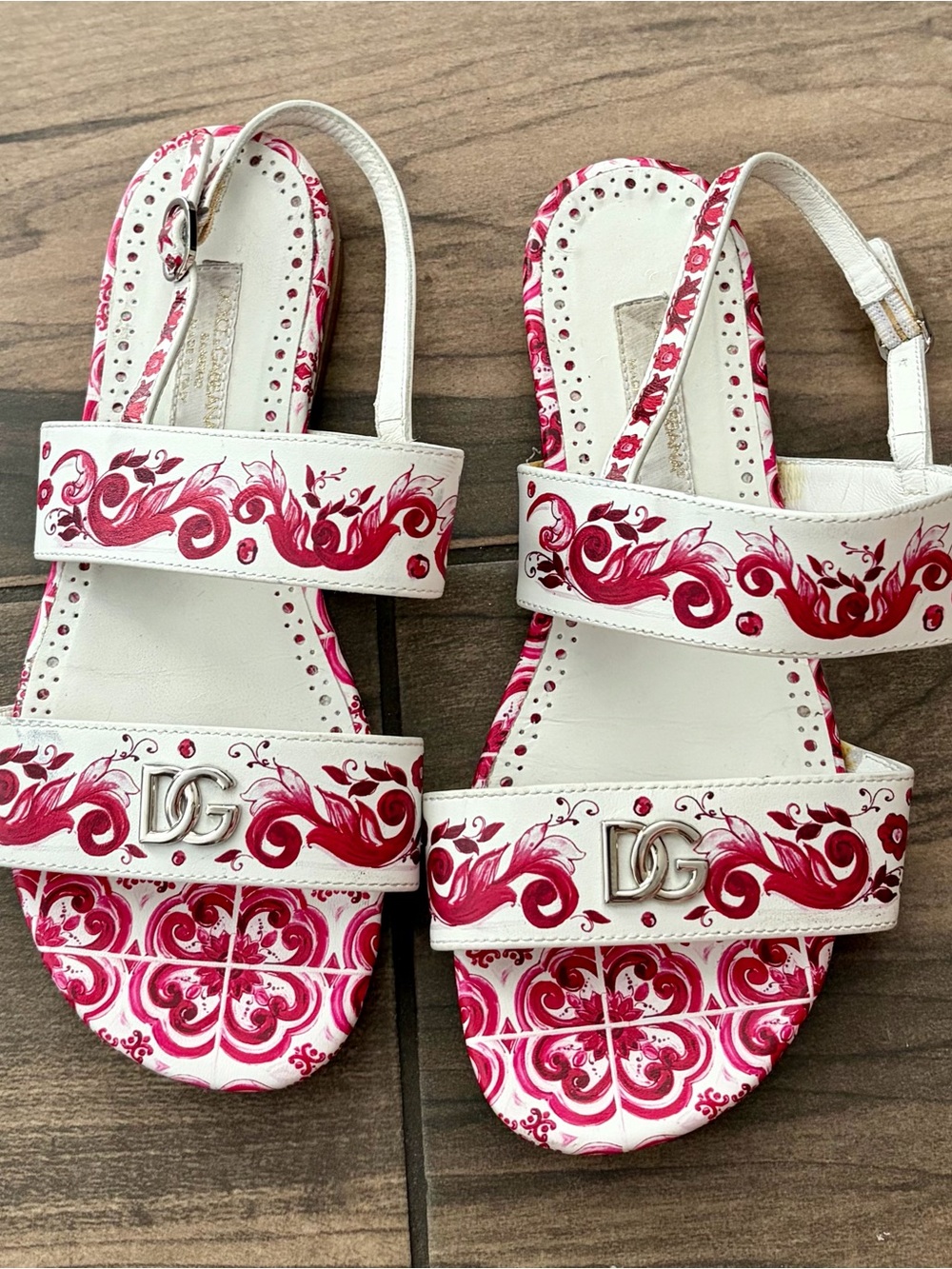 Dolce & Gabbana White Leather Sandals with Pink Floral Print & DG Logo